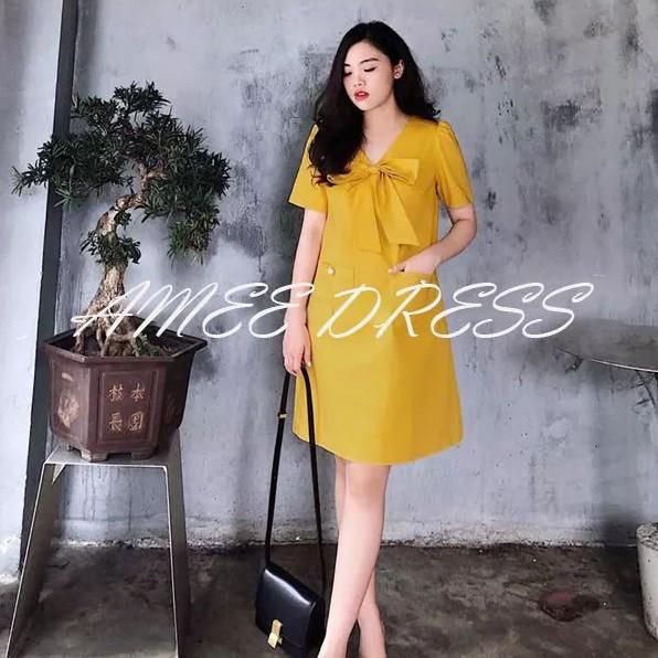Váy bầu công sở dáng xuông nơ cổ xinh sắn
