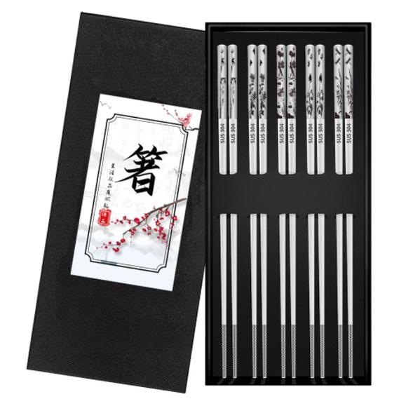 Set 5 đũa ăn Nhật Bản inox 304 mẫu hoa văn đặc ruột