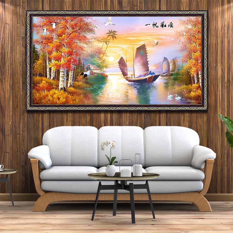 Tranh canvas phong thủy treo tường - Thuận buồm xuôi gió - TBXG015 - Khung hoa văn sang trọng - 150x80cm