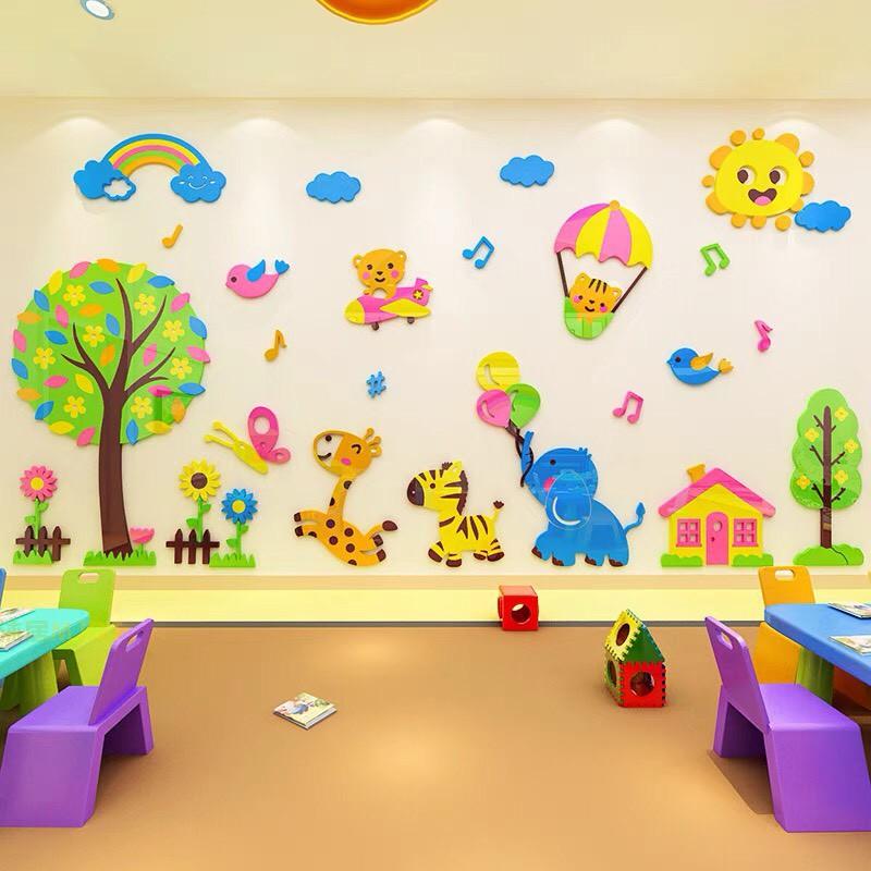 Decal dán tường mica 3D cây sắc màu và thế giới động vật, tranh các con vật dễ thương trang trí phòng bé yêu