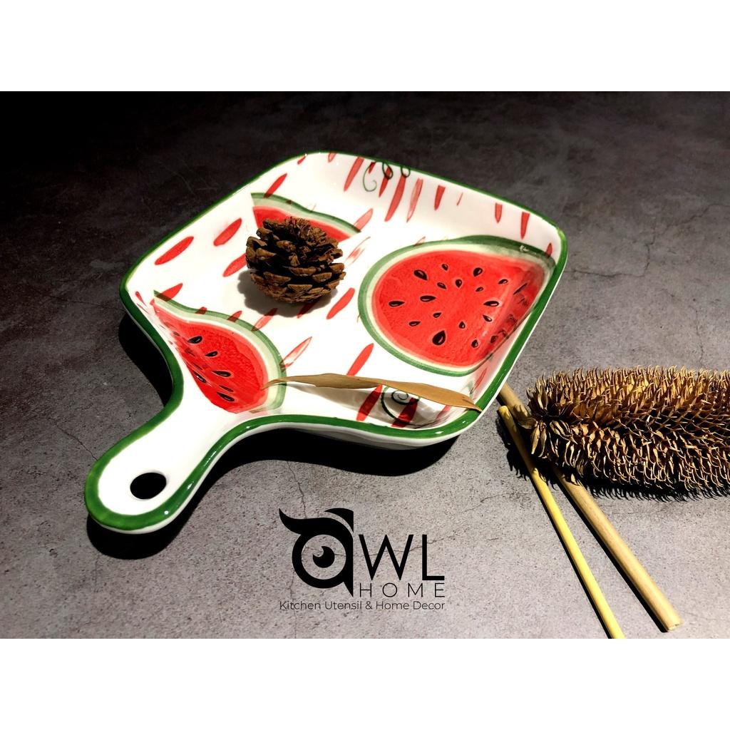 Thố vuông có tay cầm họa tiết trái cây banana/water melon ceramic