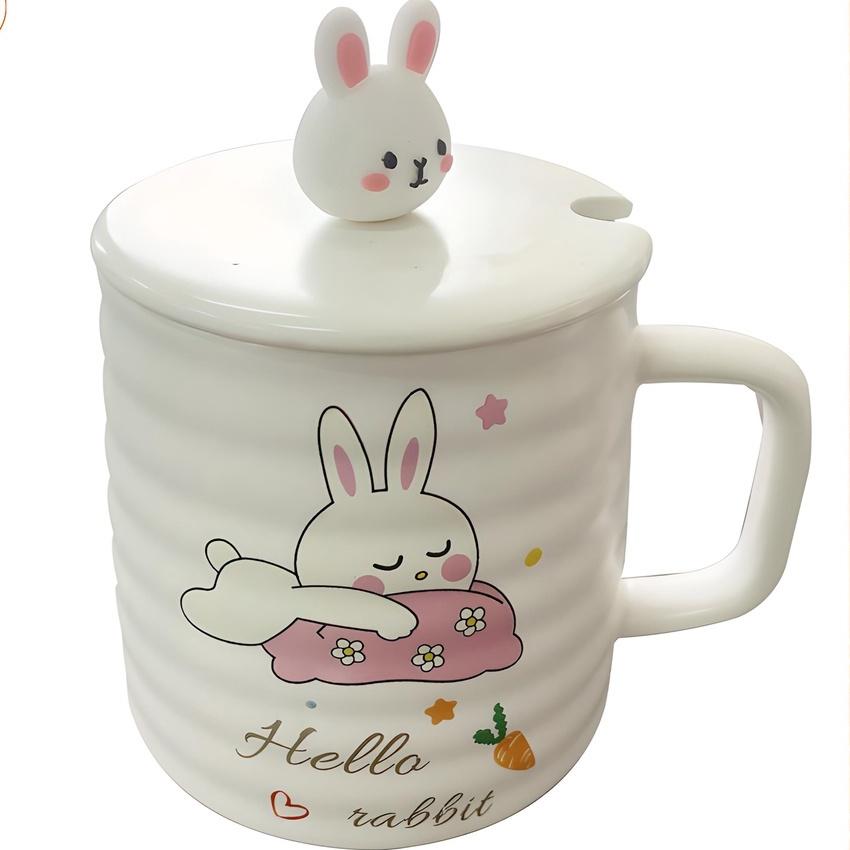 Ly sứ có quai, Ly thuỷ tinh dễ thương, Quà lưu niệm, họa tiết cute, kèm muỗng và nắp hình thỏ 450ml
