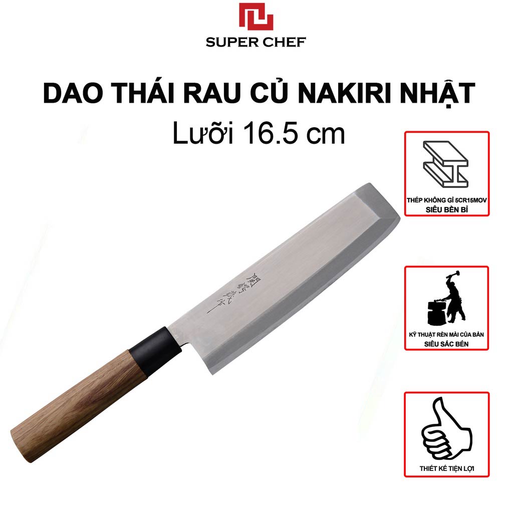 Dao Thái Rau Củ Quả Cán Gỗ Chính Hãng Super Chef Chuẩn Dao Nakiri Nhật Cao Cấp Siêu Sắc Bén, Lâu Cùng Bằng Thép Không Gỉ, Không Ăn Mòn An Toàn Sức Khỏe, Siêu Tiện Lợi ( Lưỡi dài 16.5cm)