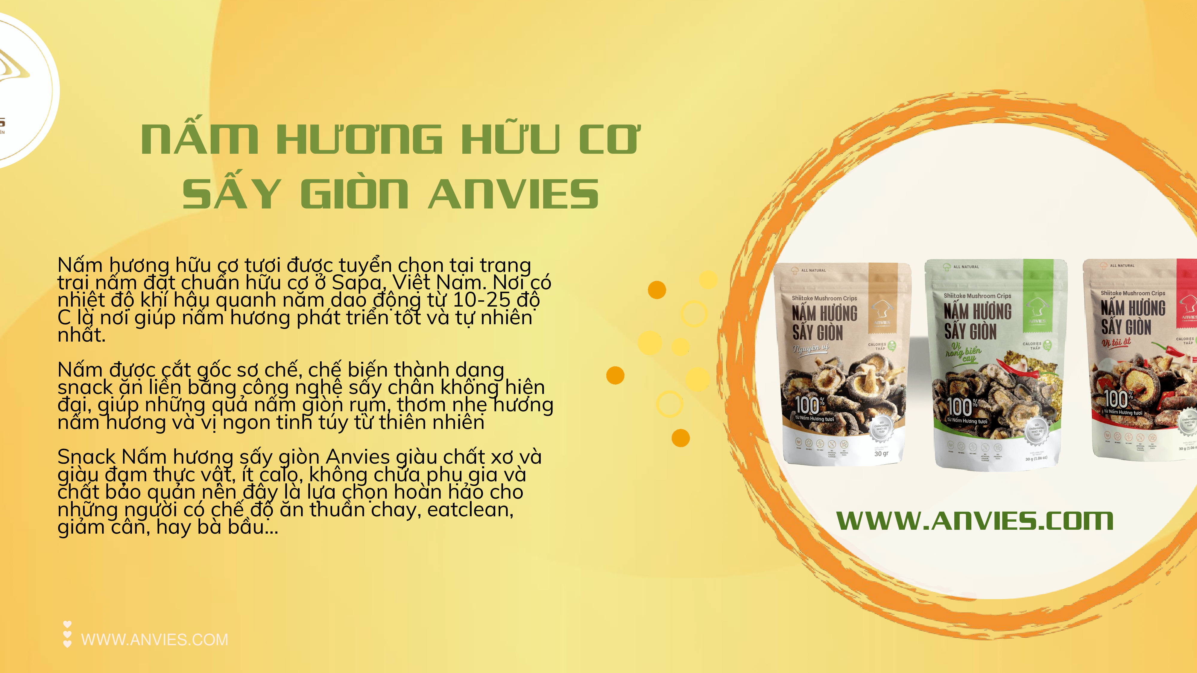 Nấm Hương Sấy Giòn Anvies Vị Tỏi Ớt Giữ Trọn Vitamin Và Khoáng Chất Bổ Sung Chất Xơ, Đạm Thực Vật