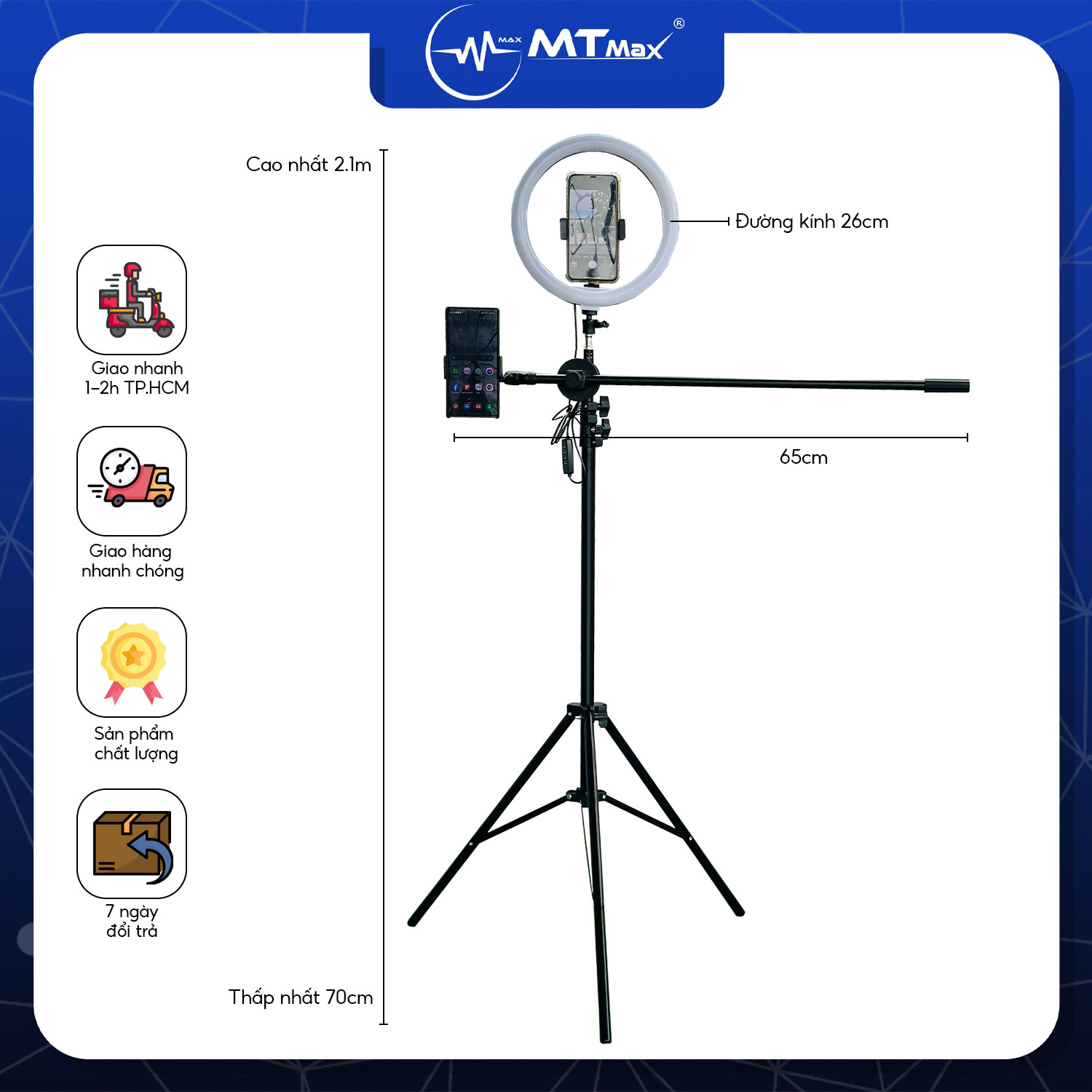 Chân đèn livestream MTMAX MT20A Quay Phim Chụp Hình Kèm Đèn RL 45cm Nhỏ Gọn Chắc Chắn, Hỗ Trợ Chụp Hình Make Up Hàng Chính Hãng