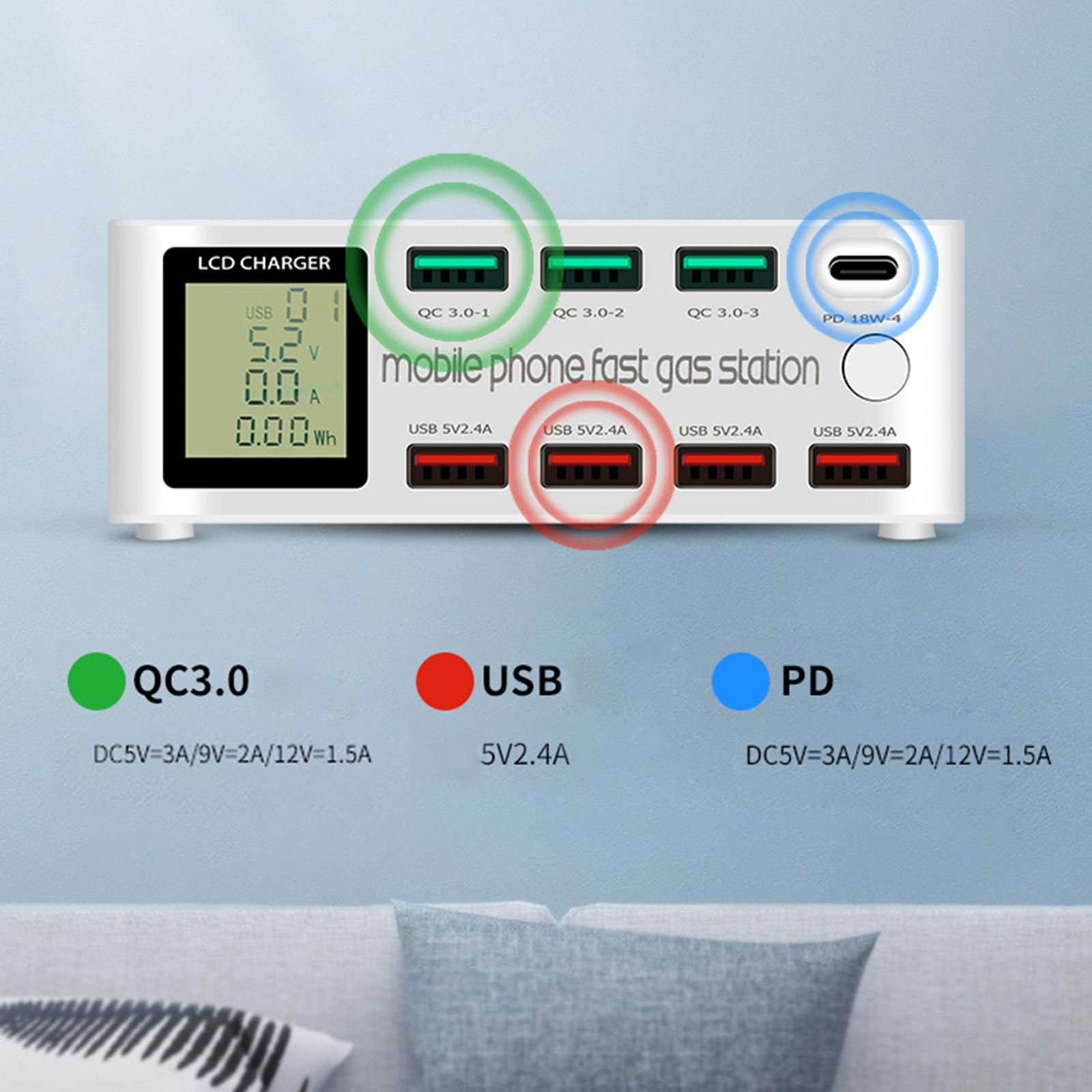 8 Ports Quick Charger Charging Station HUB Type C PD Fast Charger EU-Plug