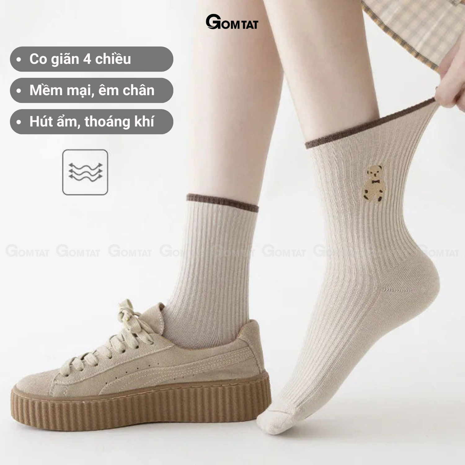 Set 5 đôi tất vớ nữ cổ cao GOMTAT mẫu hình gấu cao cấp, chất liệu dày dặn, hút ẩm, thoáng khí chống mùi - COCAO-HINHGAU