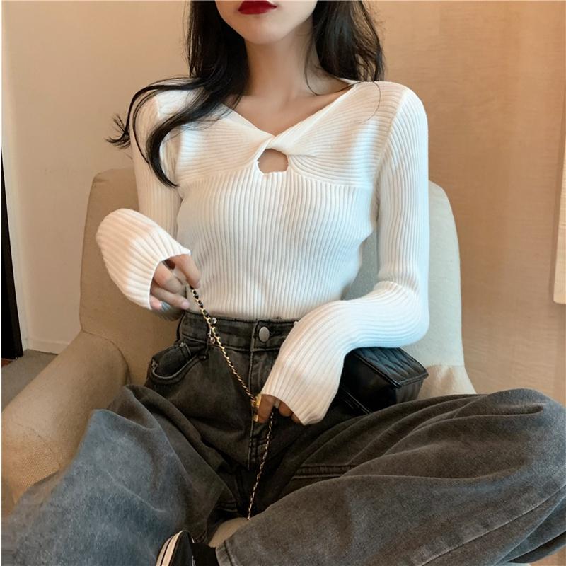 Áo len nữ tay dài dệt kim kiểu xoắn ngực dáng ôm nhiều màu hàng Quảng Châu phong cách Hàn Quốc