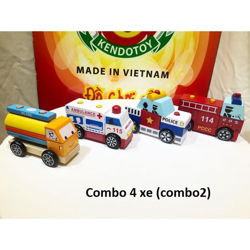 Combo 4 mô hình xe lắp ráp cứu thương, cứu hỏa, xe bồn và cảnh sát đồ chơi gỗ