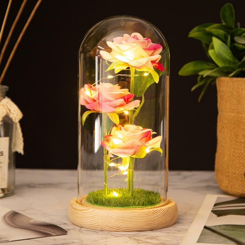 Hoa Hồng Trái Tim đa sắc lồng thủy tinh đèn led đế gỗ - quà tặng sinh nhật bạn gái lãng mạn - lễ tình nhân - tặng phụ nữ