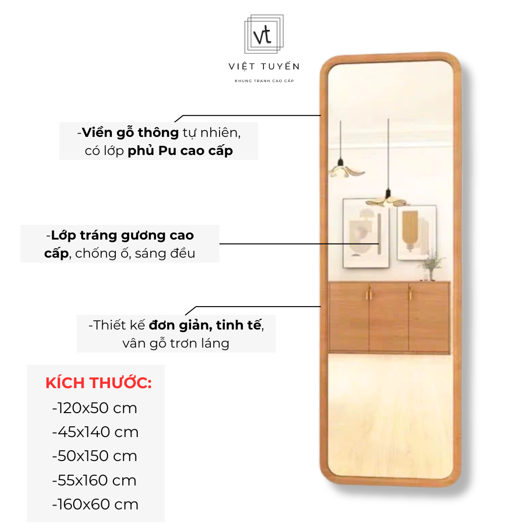 Gương Soi Toàn Thân Treo Tường Việt Tuyến - Khung Viền Gỗ Thông Tự Nhiên, Sơn Pu Cao Cấp