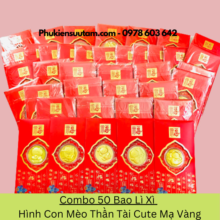 Combo 50 Bao Lì Xì Hình Con Mèo Thần Tài Cute Mạ Vàng, kích thước: 17cmx9cm, màu đỏ - SP005929