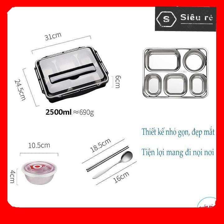 KHAY CƠM 5 NGĂN INOX 304 Giữ Nhiệt Chống Tràn - Hộp Đựng Cơm Văn Phòng - Màu Ngẫu Nhiên