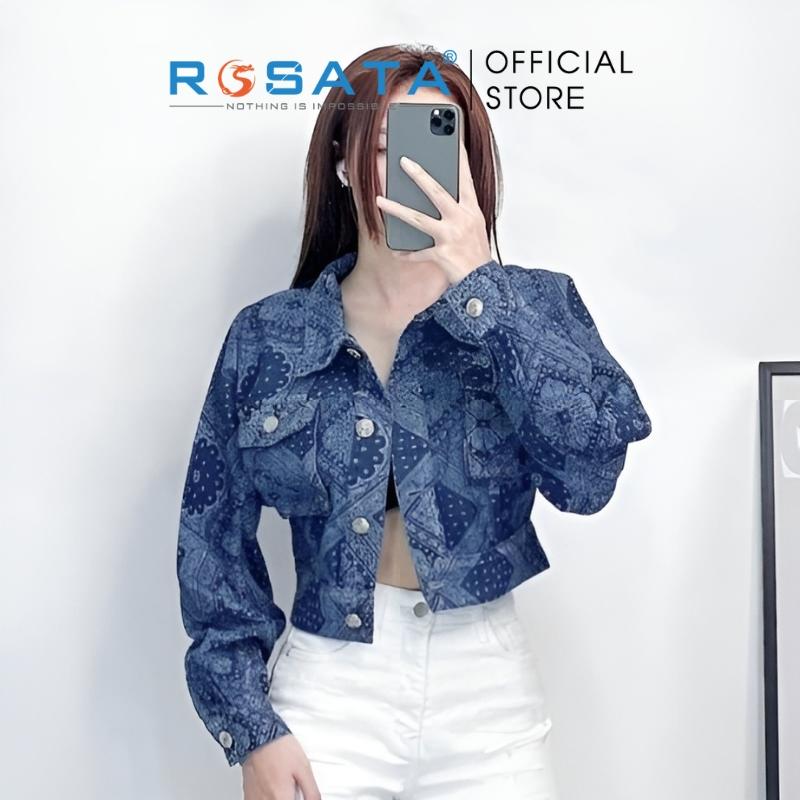 Áo khoác nữ croptop jean ROSATA K30 phối thổ cẩm Freesize tay dài 2 túi hộp thoáng mát