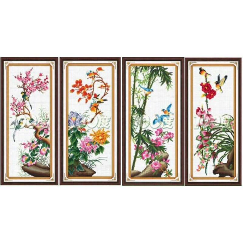 Tranh thêu tứ quý đào lan trúc cúc kt 4x37x91 cm