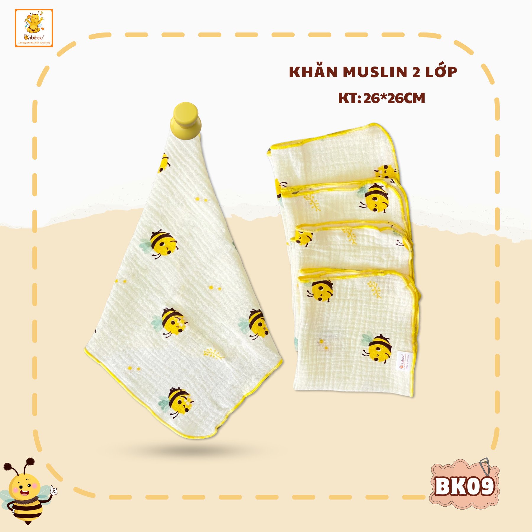 Khăn sữa cho bé Babiboo khăn xô sữa vải muslin lớp mềm mịn, an toàn cho da 26cmx 26cm (set / 5 khăn ) BK09