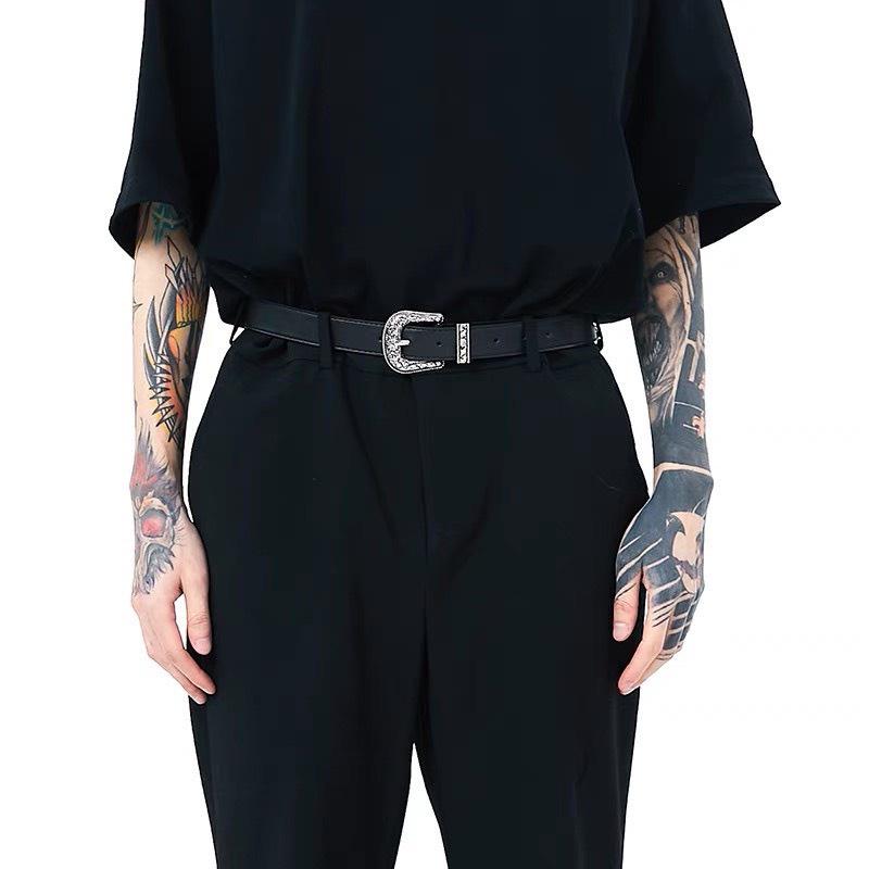 Thắt Lưng Nam Nữ Sơn Tùng bản khắc hoa văn Vintage Màu Đen Bạc Đẹp Cam - Dây Nịt Lưng Nam Nữ Unisex Mặt Kim Loại Vintage
