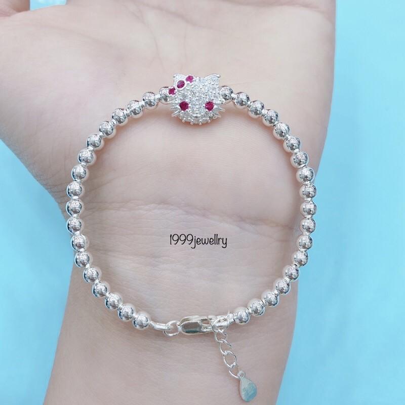 Vòng tay bạc cao cấp kết bi hình mèo kitty dễ thương dành cho bé.