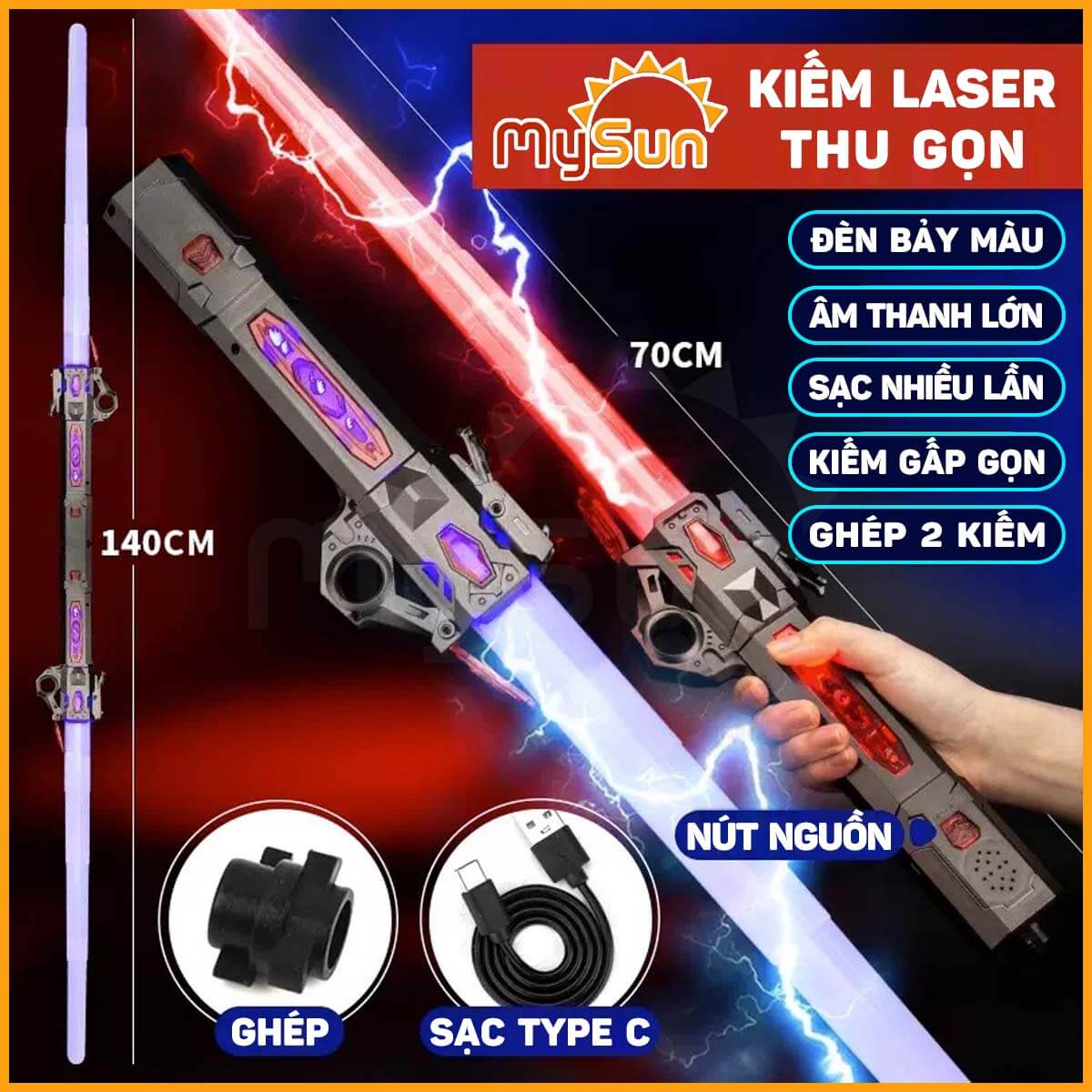 Kiếm Laser phát ánh sáng Lazer nhựa đồ chơi thu gọn cho trẻ em bé ghép 2 đầu tặng PIN MySun