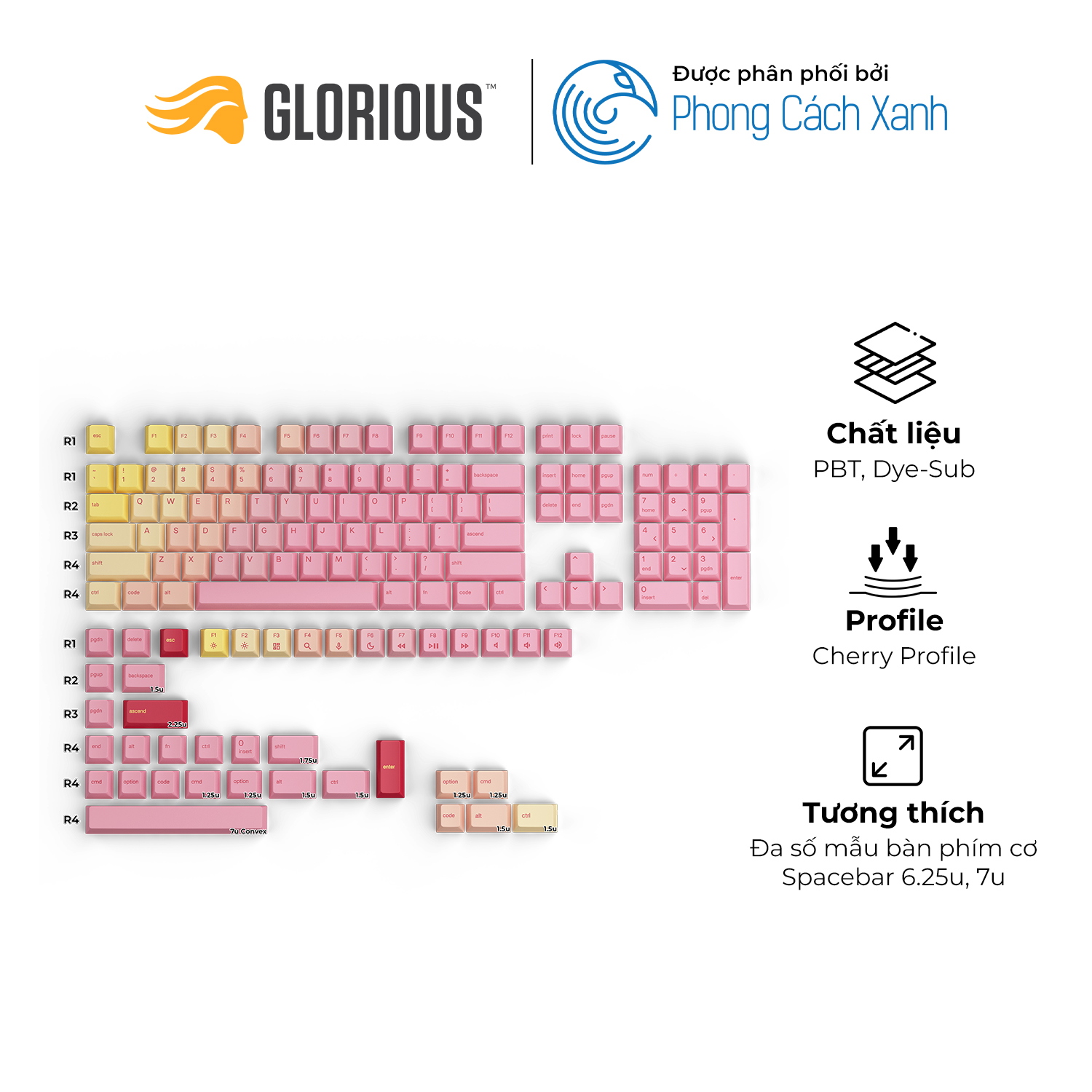 Bộ keycap Glorious GPBT Pink Grapefruit - 143 phím - Hàng Chính Hãng