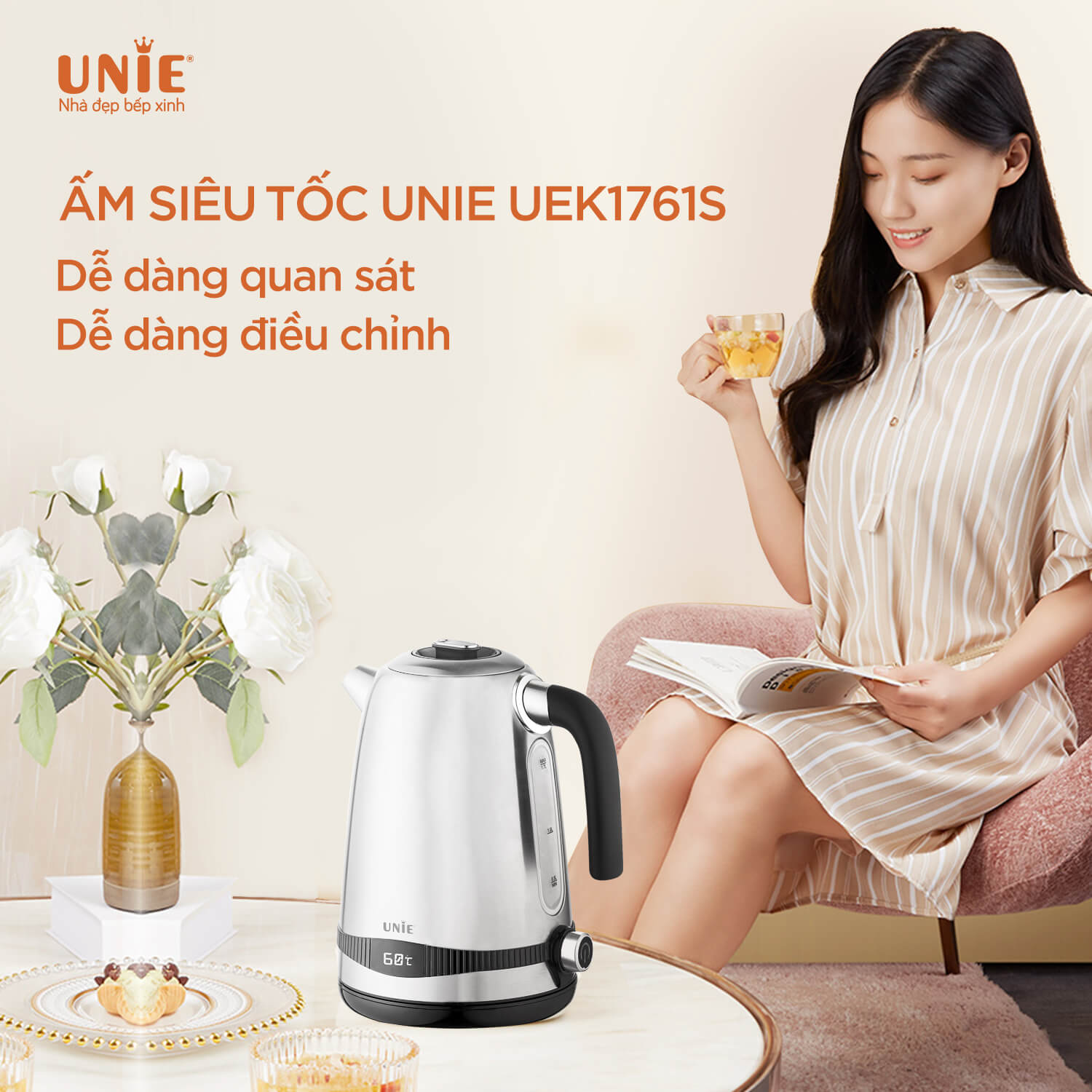 Ấm Siêu Tốc Cao Cấp UNIE UEK1761S Tiêu Chuẩn Đức Vỏ 5 Lớp Inox Sang Trọng, Dung Tích 1.7 Lít Công Suất Cao 2200 W - Hàng Chính Hãng