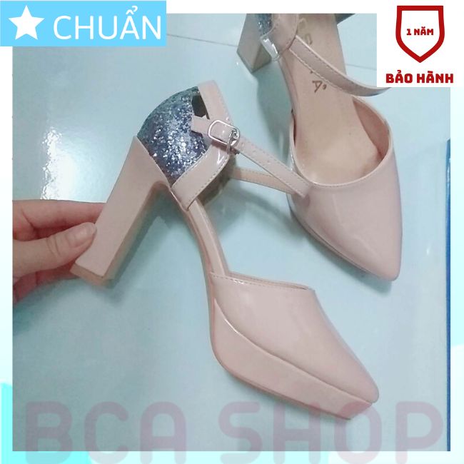 Giày cao gót nữ 9pRO374 thời trang nữ cao cấp ROSATA tại BCASHOP mũi nhọn, quai ngang, gót vuông - màu Nude