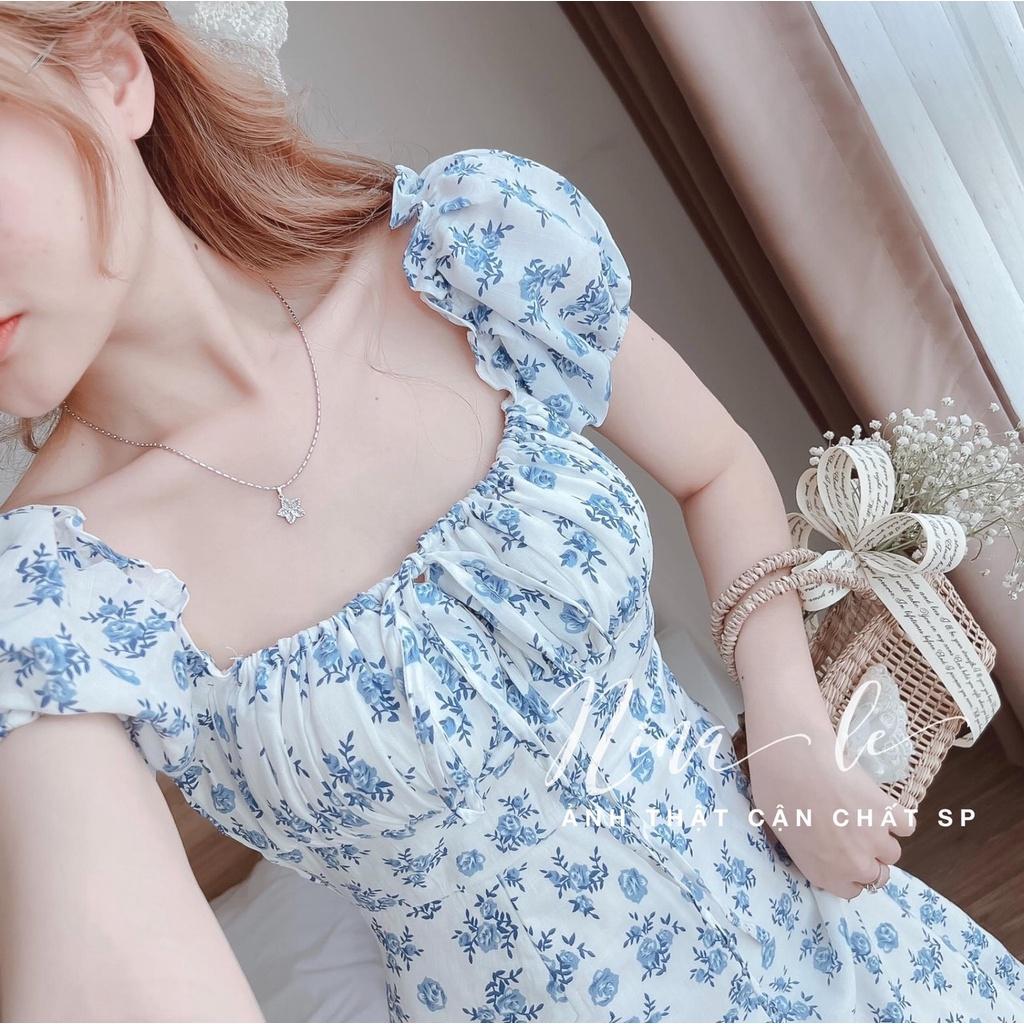 Váy Hoa Cổ Vuông Dáng Dài Xẻ Tà Nhún Ngực