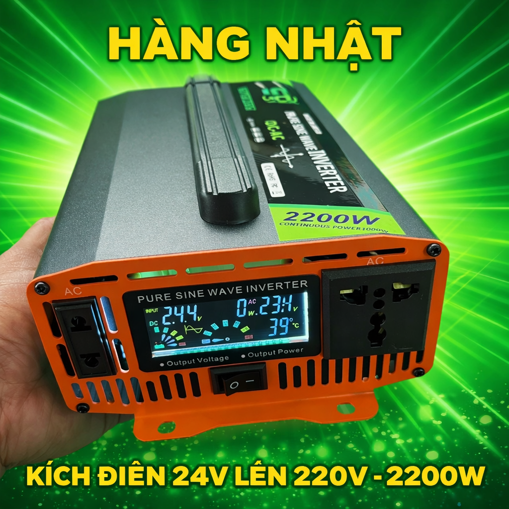 HÀNG NHẬT – Bộ Kích Điện 24V Lên 220V 2200W Sóng Sin Chuẩn, Màn Hình LED, Siêu Bền