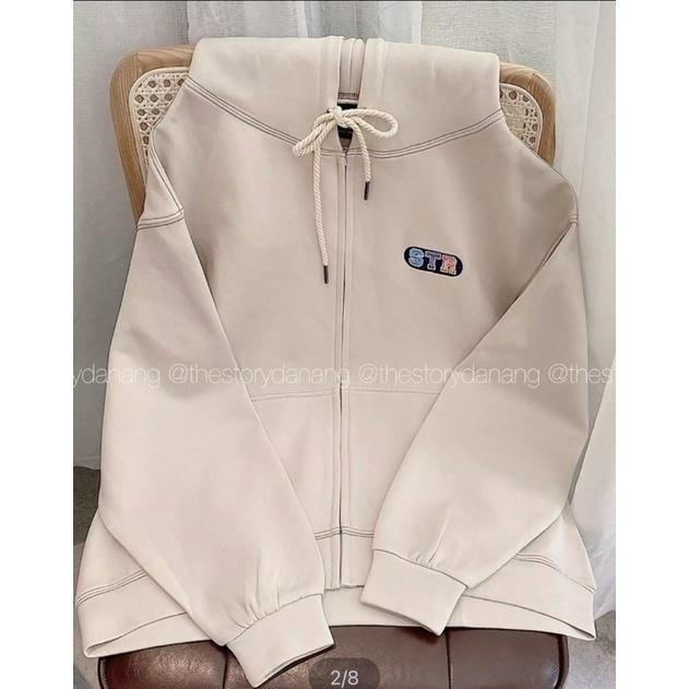 Áo khoác hoodie form rộng có khoá kéo tay phồng, áo khoác chống nắng nỉ ngoại STR