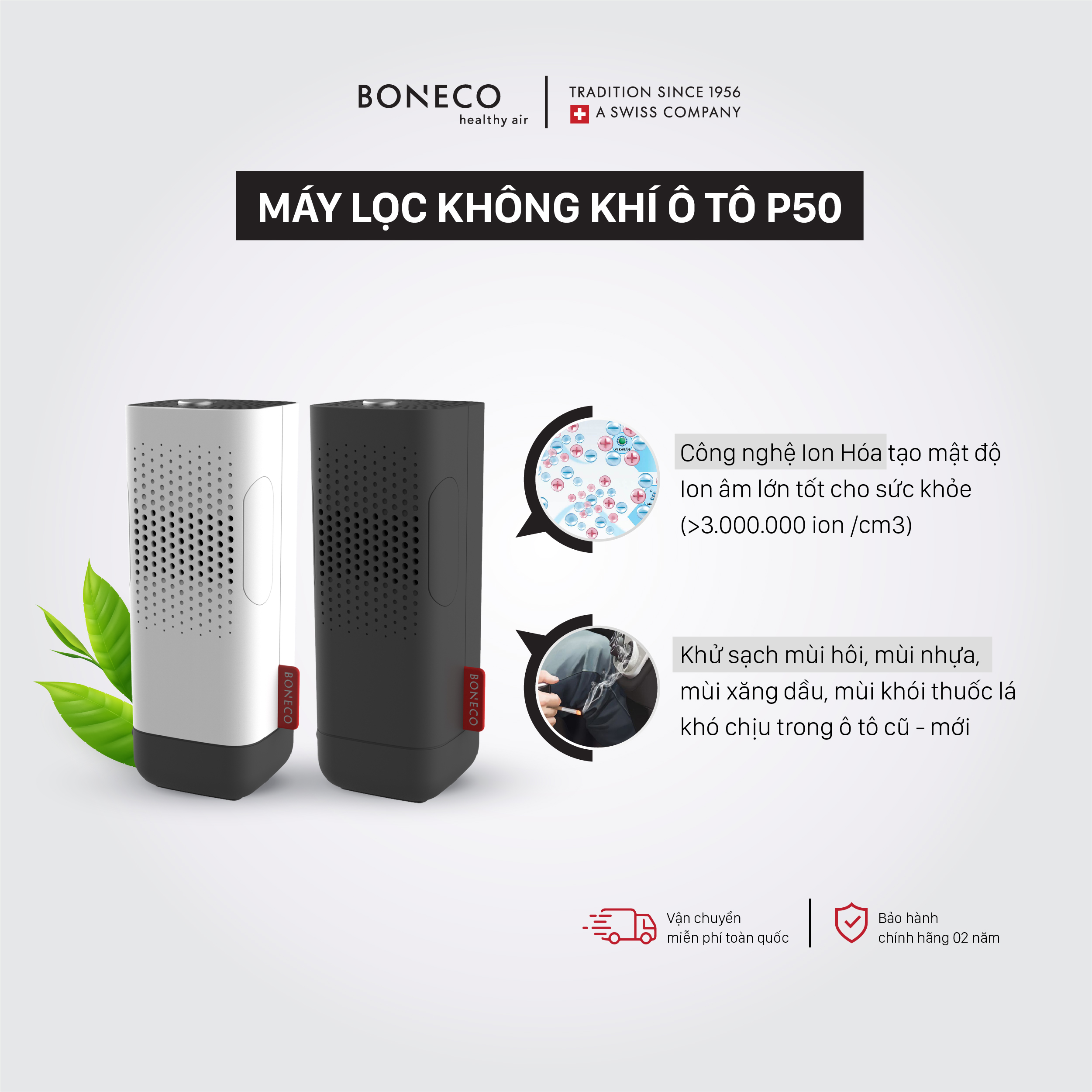 Máy Lọc Không Khí Ô Tô Thụy Sỹ Boneco P50 Khuếch Tán Tinh Dầu Thơm, Tạo Ion Âm Lọc Bụi, Khử Mùi Oto Cũ Mới, Dùng Cho Xe Hơi/Xe Đẩy Em Bé/Bàn Làm Việc - Hàng Chính Hãng