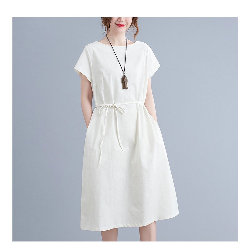 Đầm suông linen tay ngắn màu trắng đai rời, chất vải linen mềm mát, phong cách Hàn Quốc thời trang Đũi Việt Dv84