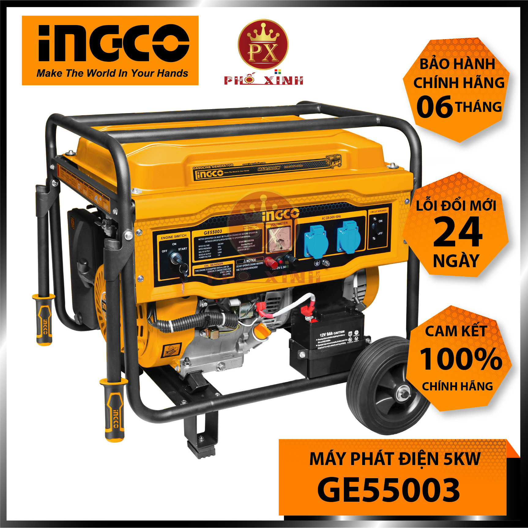 5KW Máy phát điện dây đồng dùng xăng hiệu INGCO GE55003 giật nổ + đề điện