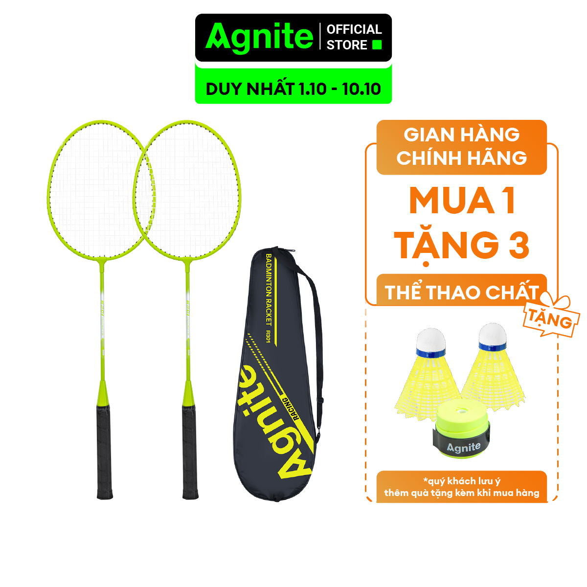 Bộ 2 vợt cầu lông giá rẻ chính hãng Agnite, bền, nhẹ, tặng kèm túi vợt và quả cầu lông - ER301/ER302