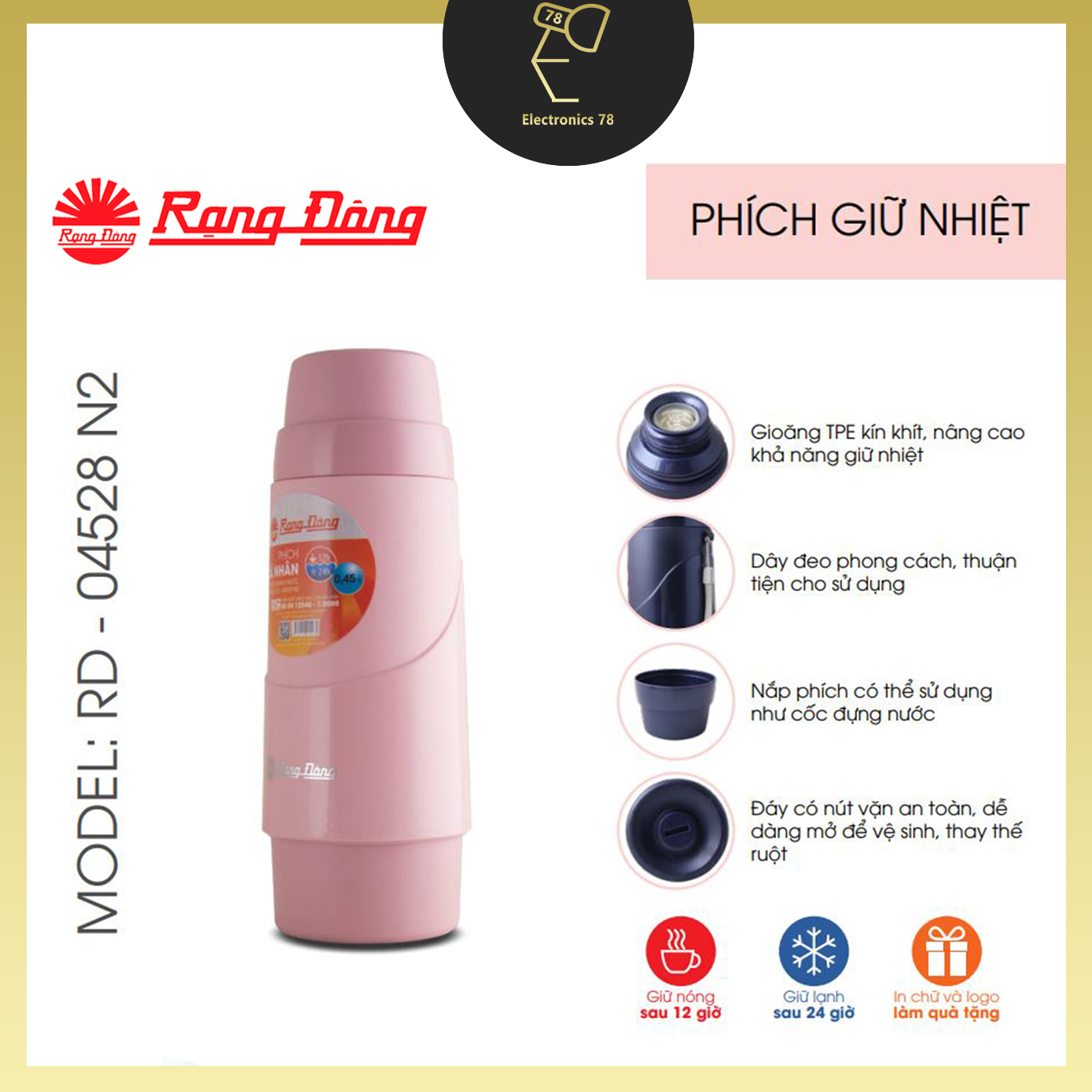 Phích giữ nhiệt, Bình nước cầm tay Rạng Đông - 04528 N2 [450ml]