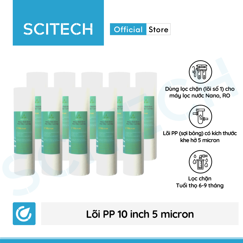 Combo 10 lõi lọc nước số 1 PP 10 inch 5 micron dùng trong máy lọc nước Nano/UF/RO, bộ lọc thô - Hàng chính hãng