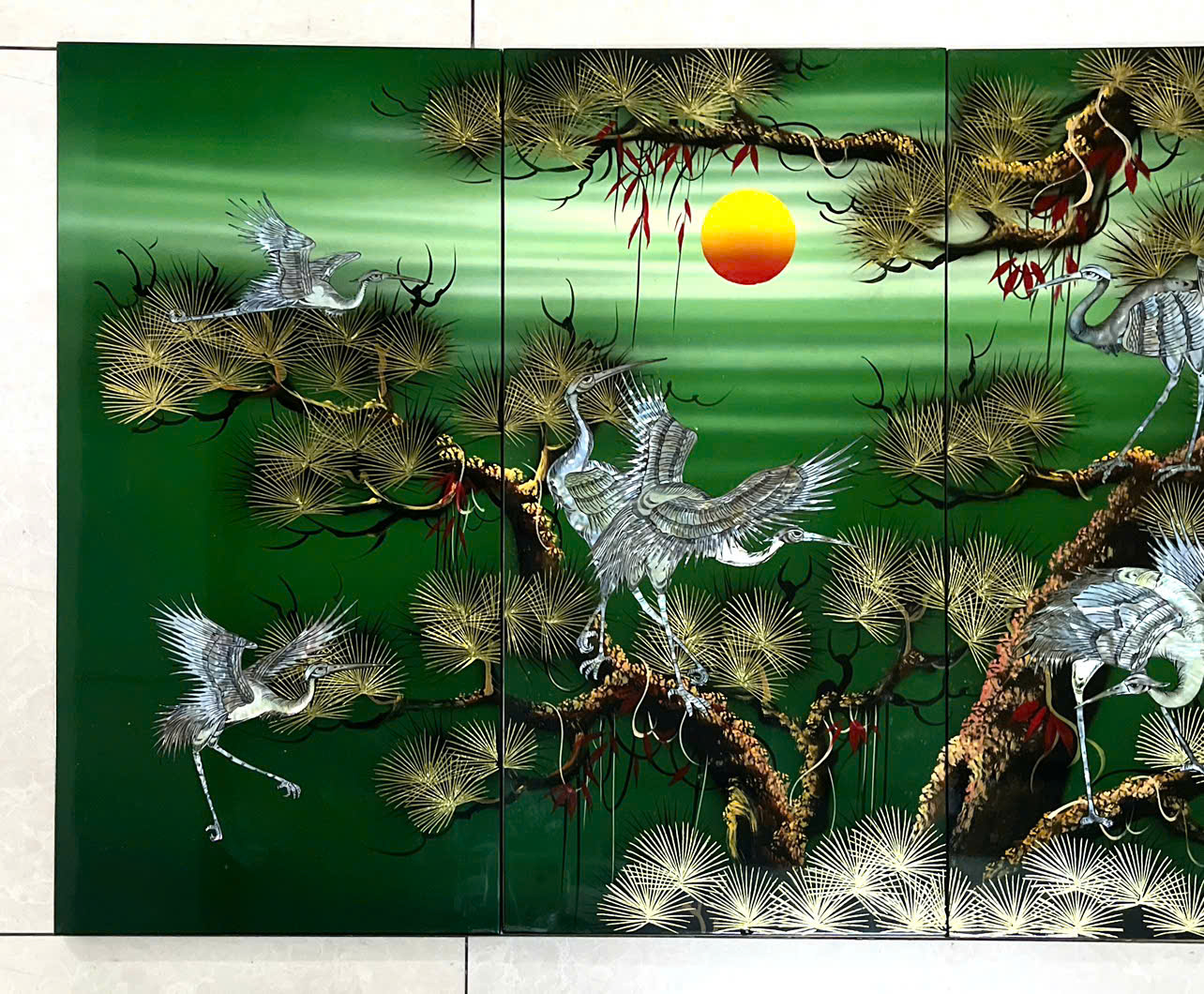 Bộ Tranh sơn mài 4 tấm- TÙNG HẠC DIÊN NIÊN - Khảm cừ size 60x120 cm / hàng cao cấp , xuất khẩu