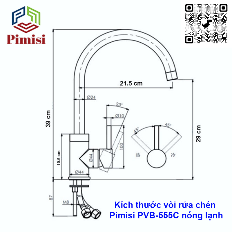 Vòi rửa bát nóng lạnh Pimisi đồng thau mạ xi Cr/Ni sáng bóng kiểu tròn điều chỉnh nhiệt độ bằng tay gật gù - kèm 2 sợi dây cấp nước dùng cho chậu rửa bát 1-2-3 hố trong nhà bếp - vòi nước rửa chén gắn chậu âm dương bàn đá quay 360 độ tăng áp | Chính hãng