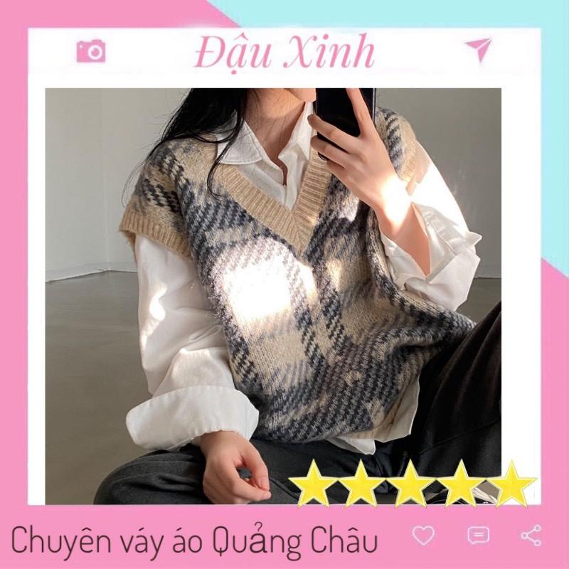 áo gile len áo len nữ ulzzang hàn quốc dáng rộng len mỏng kiểu kẻ caro - 095