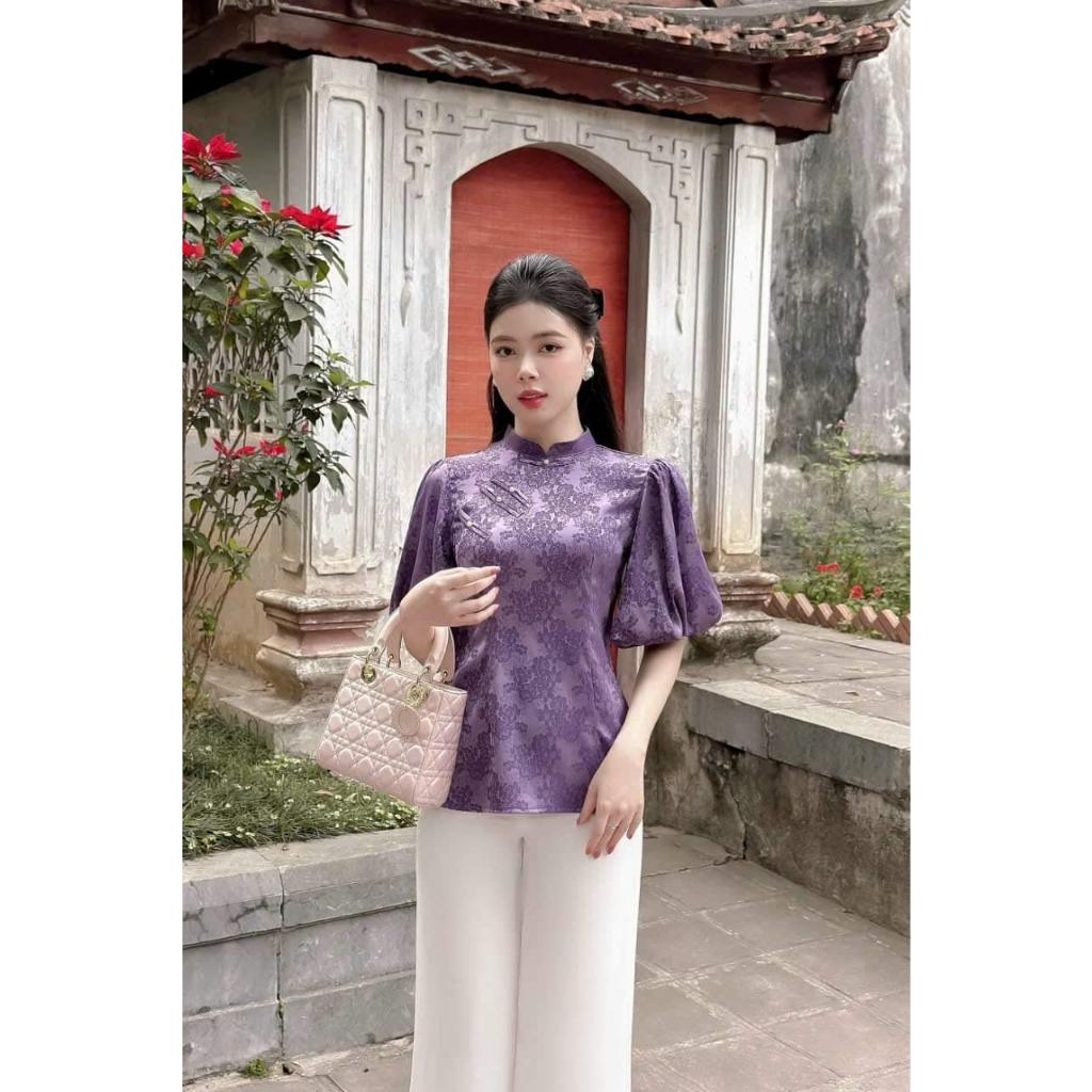 Pháp phục, đồ lam đi lễ chùa chất gấm thời thượng phối hợp quần lụa trắng - Pháp Phục Hiếu Hạnh