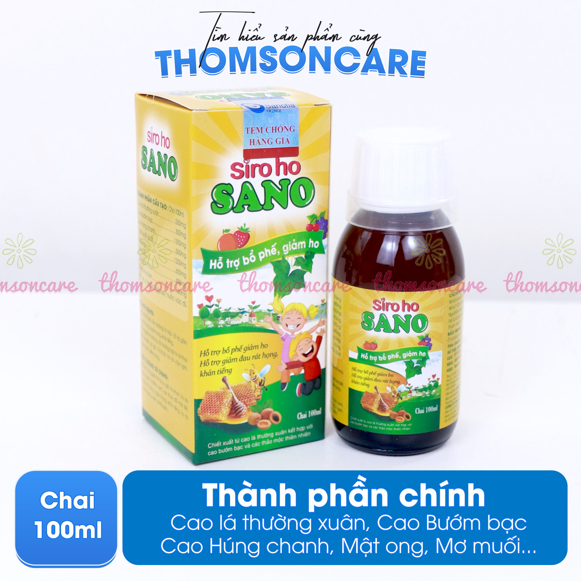 Siro ho cho bé, siro ho Sano Sanofia - giúp bổ phế, giảm ho, tiêu đờm từ thảo dược - Chai 100ml Thomsoncare