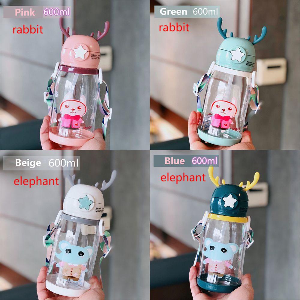Bình nước sừng hươu nhựa PP có ống hút, dây đeo hoạt hình dễ thương dung tích 600ml KHN022