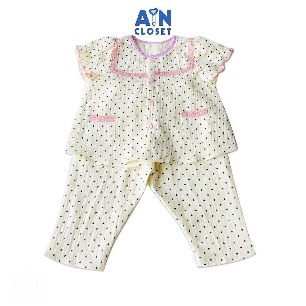 Bộ quần dài áo tay ngắn bé gái họa tiết Bi viền hồng xô muslin - AICDBGAW9YY1 - AIN Closet