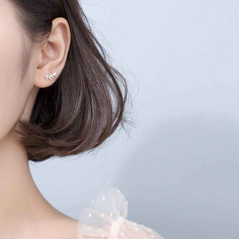 Khuyên tai bông tai nữ bạc s925 cao cấp chiếc lá đan xen đính đá Cá jewelry KB41