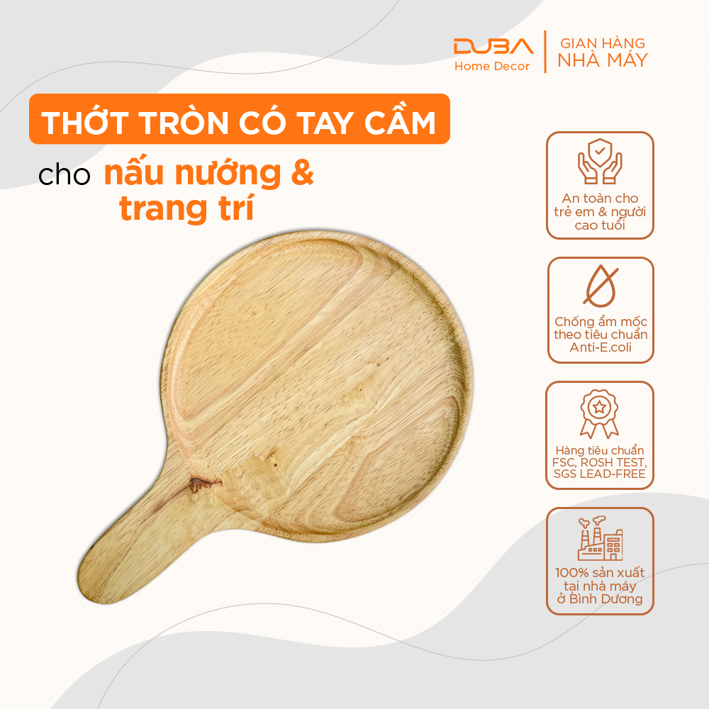 Khay gỗ decor cao su, thớt gỗ tròn có tay cầm có chứng nhận đạt chuẩn an toàn xuất khẩu Châu Âu - DUBA