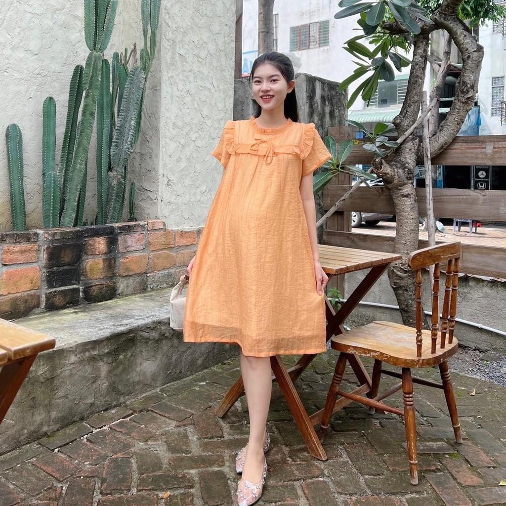 Đầm bầu tơ bèo quanh ngực đính nơ phom suông xinh xắn, đáng yêu - Xanh bơ