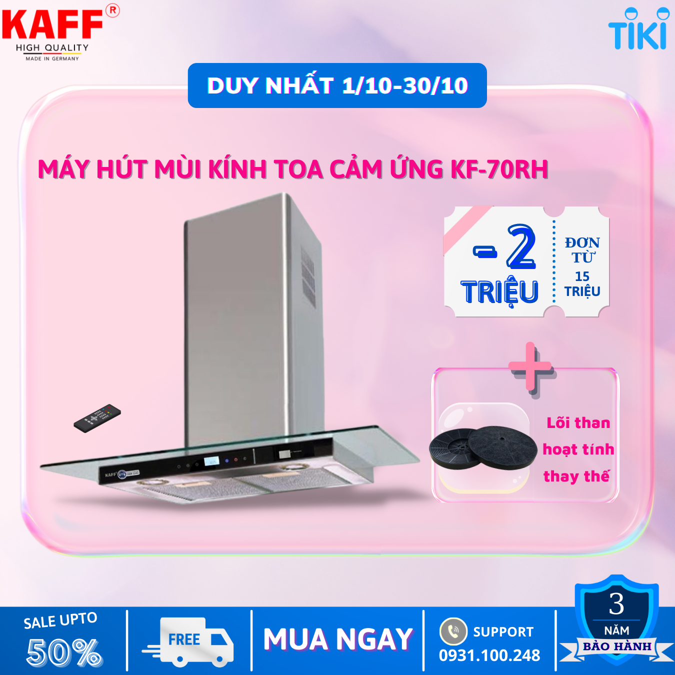 Máy hút mùi toa kính cảm ứng 700mm KAFF KF_70RH Tặng bộ lọc than thay thế _ Hàng Chính Hãng