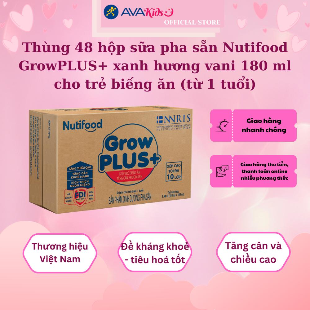 Thùng 48 hộp sữa pha sẵn Nutifood GrowPLUS+ xanh hương vani 180 ml cho trẻ biếng ăn (từ 1 tuổi)