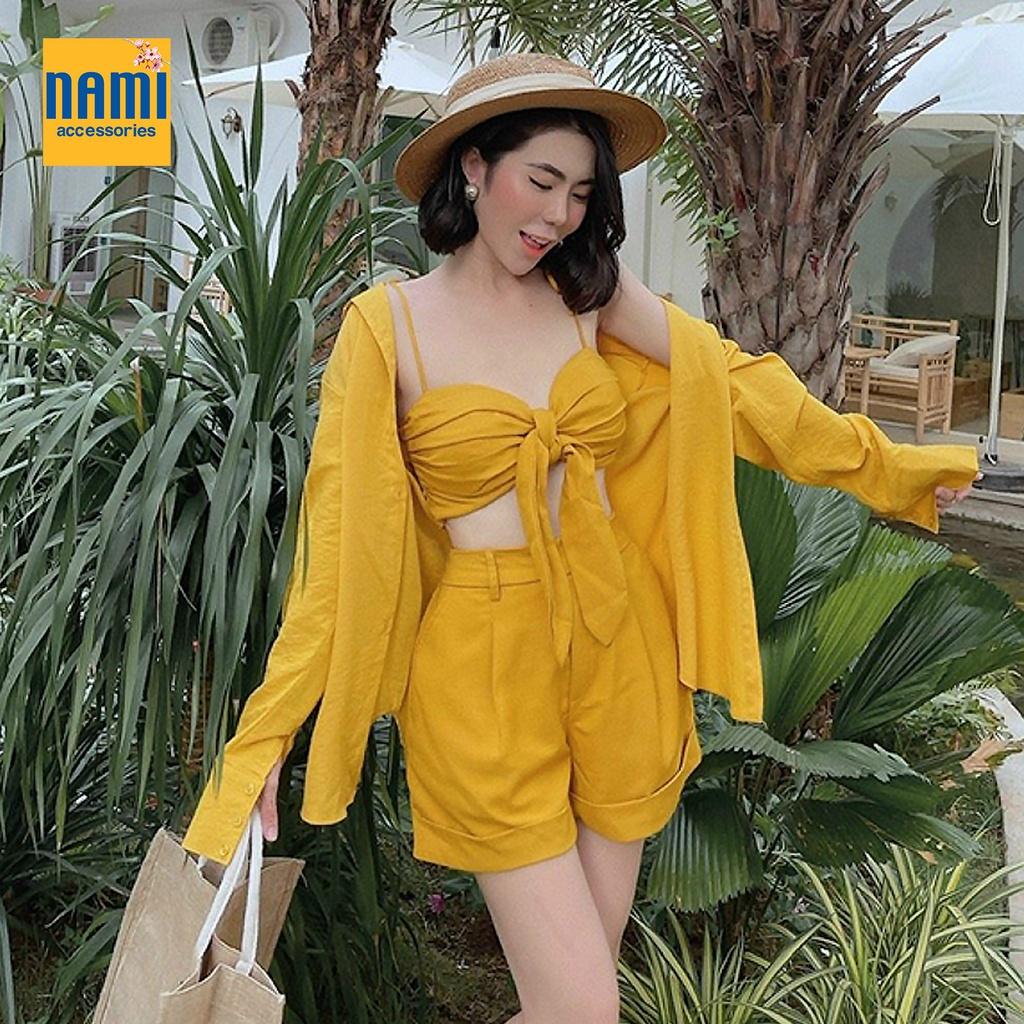 Combo 3 Món Set Áo Sơ Mi Form Rộng Kèm Bra Croptop Nơ Ngực Và Quần Short Gợi Cảm Xinh Xắn - ATNU019