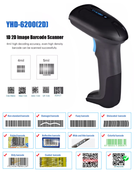 Máy quét mã vạch mẫu mới YHD 6200DS đọc mã vạch Barcode 1D Qrcode 2D kích thước nhỏ dùng dây trực tiếp trên Máy tính, Laptop - Hàng Nhập Khẩu