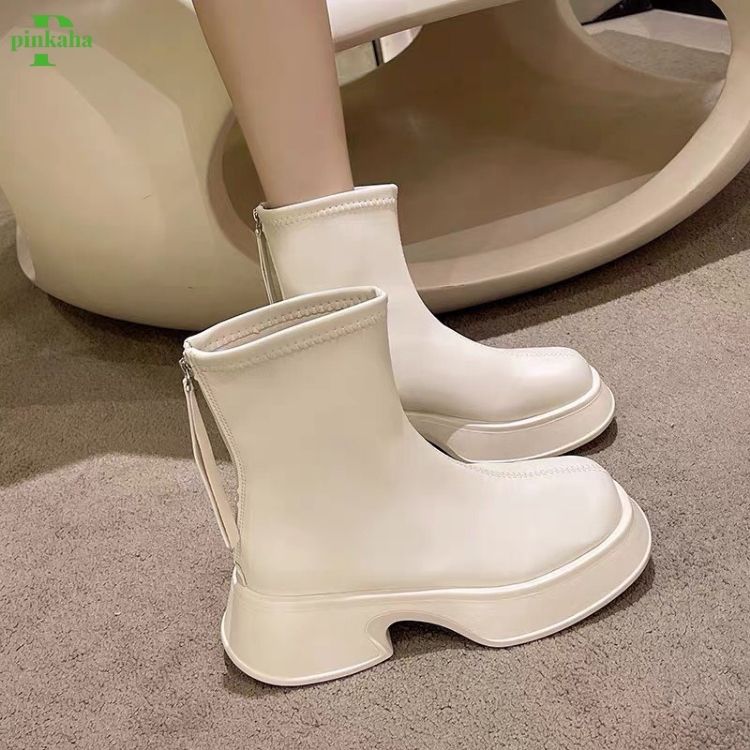 Bốt Nữ Đế Bánh Mì Boots Da Mềm Lót Nỉ Khóa Sau Cao Cấp Boot Mũi Tròn Thời Trang Đế Độn PINKAHA-GB20